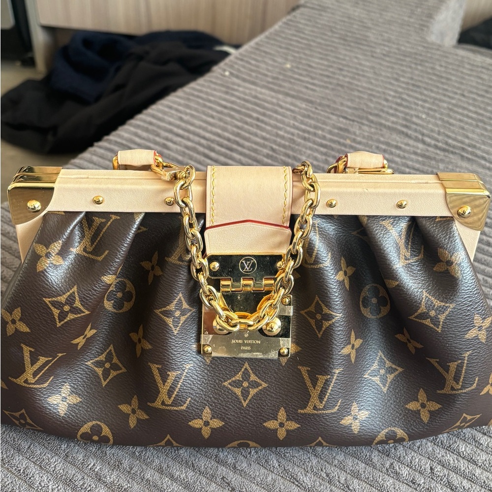 Louis Vuitton Brown Monogram Canvas Satchel with Cream Trim and Gold Hardware